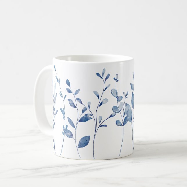 Taza De Café Hojas azules de acuarela (Anverso izquierdo)