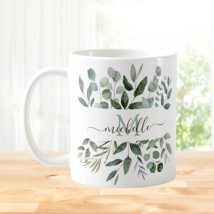 Taza De Café Hojas de eucalipto verde salvia con monograma