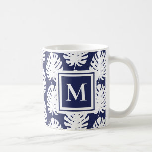 Taza De Café Hojas de Monstera Azul Marino Monograma Moderno Tr