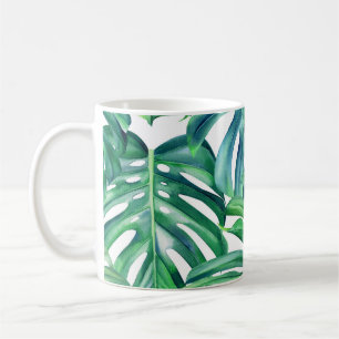 Taza De Café Hojas de Monstera: Patrón de jungla acuarela.