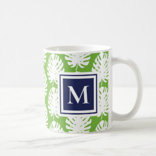 Taza De Café Hojas de Monstera Verde Azul Marino Monograma Mode