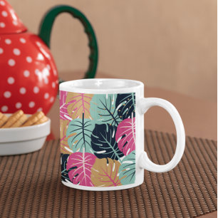 Taza De Café Hojas de Palma Tropicales en Rosa y Azul  