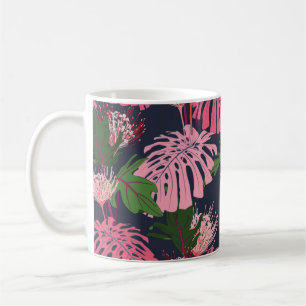 Taza De Café Hojas de palma tropicales verdes y rosas exóticas 