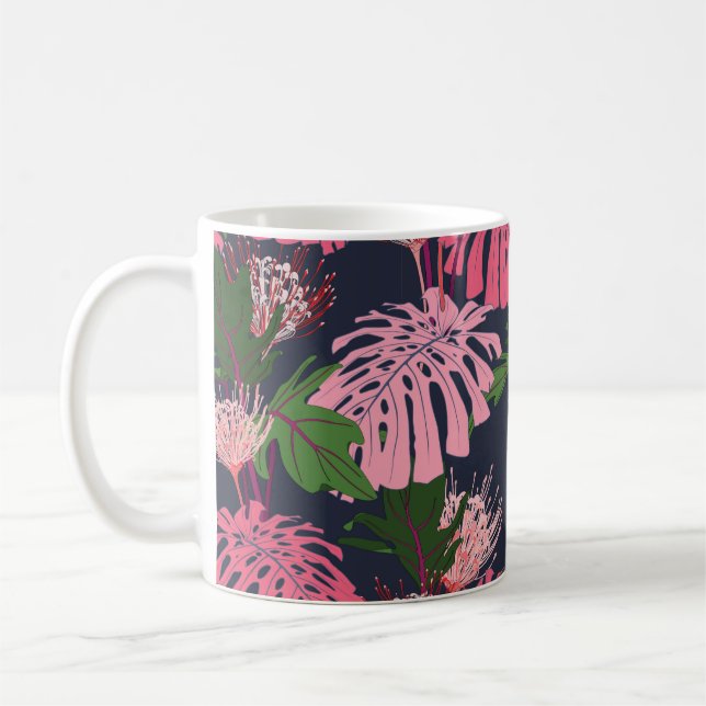 Taza De Café Hojas de palma tropicales verdes y rosas exóticas  (Izquierda)