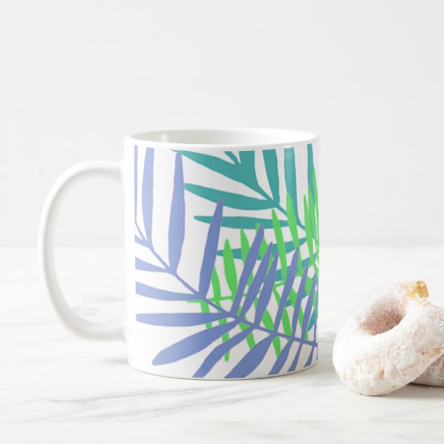 Taza De Café Hojas de palmera en tonos azules y verdes (Con donut)