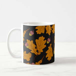 Taza De Café Hojas de roble secas y bellotas. Mano dibujada sin