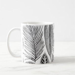 Taza De Café Hojas exóticas, blanco y negro floral vintage.