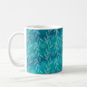 Taza De Café Hojas florales blancas azules verde azuladas