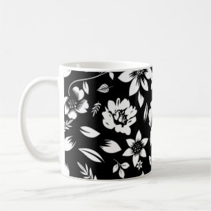 Taza De Café Hojas florales modernas negras y blancas ondeando