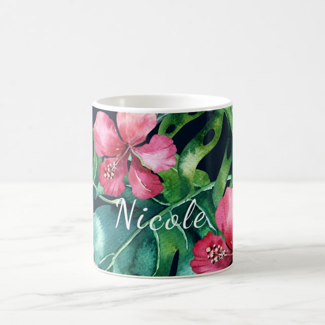 Taza De Café Hojas oscuras de palma tropical Hibisco floral isl (Centro)