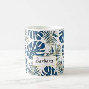 Taza De Café Hojas tropicales azules y doradas y nombre