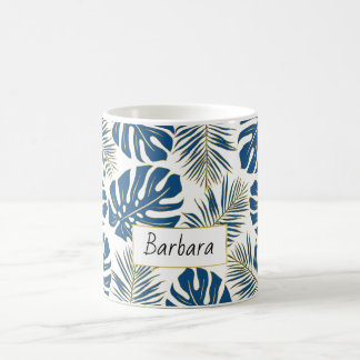 Taza De Café Hojas tropicales azules y doradas y nombre
