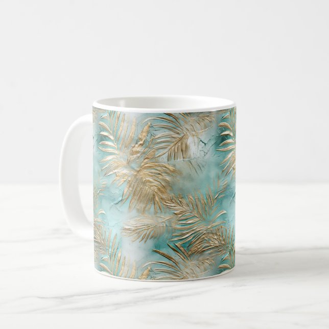 Taza De Café Hojas tropicales blancas de oro Aqua (Anverso izquierdo)