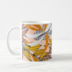Taza De Café Hojas tropicales coloridas, patrón de fondo beige