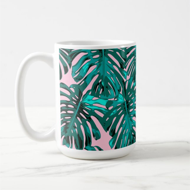 Taza De Café Hojas tropicales de la selva rosada de Monstera (Izquierda)