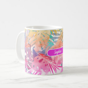 Taza De Café Hojas tropicales doradas, azules, teal y rosadas, 
