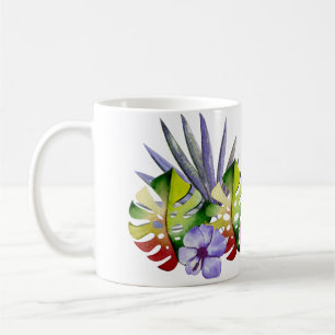 Taza De Café Hojas Tropicales Flores Hawái Colorido Acuarela