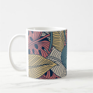 Taza De Café Hojas Tropicales, Fondo Floral Sin Marea.