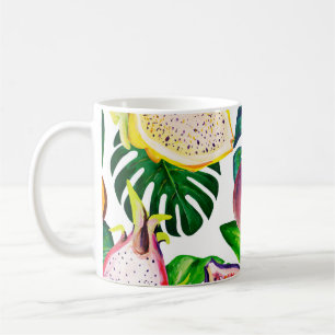 Taza De Café Hojas tropicales, frutas, gouache sin costura.