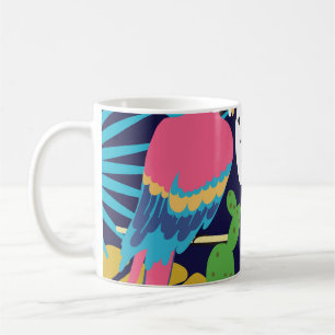 Taza De Café Hojas tropicales, loros: fondo de verano.