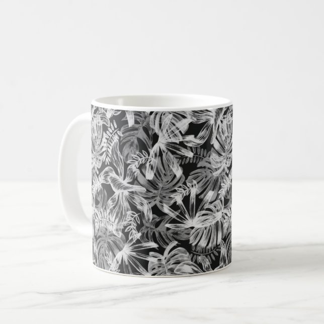 Taza De Café Hojas tropicales negras y blancas (Anverso izquierdo)