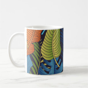 Taza De Café Hojas tropicales, patrón floral sin costuras.