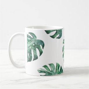 Taza De Café Hojas tropicales verdes, patrón de acuarela