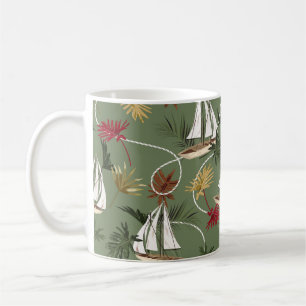 Taza De Café Hojas tropicales vintage, barco y mar de cuerda de