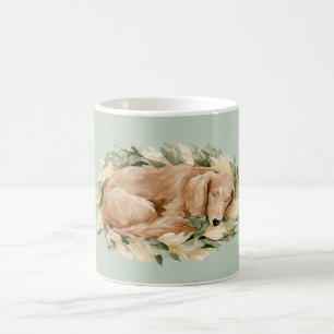 Taza De Café Hojas Verdes Amarillas Caen Perro Durmiendo 