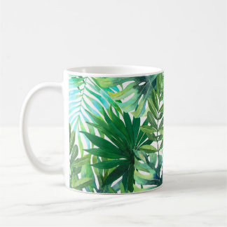 Taza De Café Hojas verdes tropicales, acuarela sin foco.