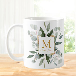 Taza De Café Hojas Verdes Tropicales de Acuarela con Monograma