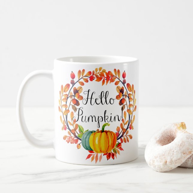 Taza De Café "¡Hola Calabaza!" Autumn Wreath Coffee Mug (Con donut)