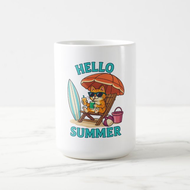 Taza De Café Hola Camiseta de gato de verano - regalo de playa  (Centro)