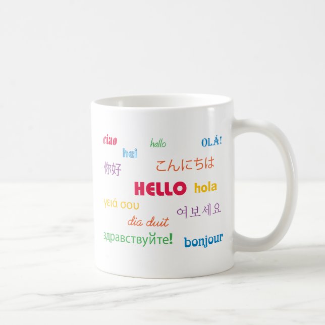 Taza De Café Hola colorida en muchos idiomas (Derecha)