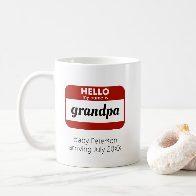Taza De Café "Hola, mi nombre es" Revelación personalizada de e (Con donut)