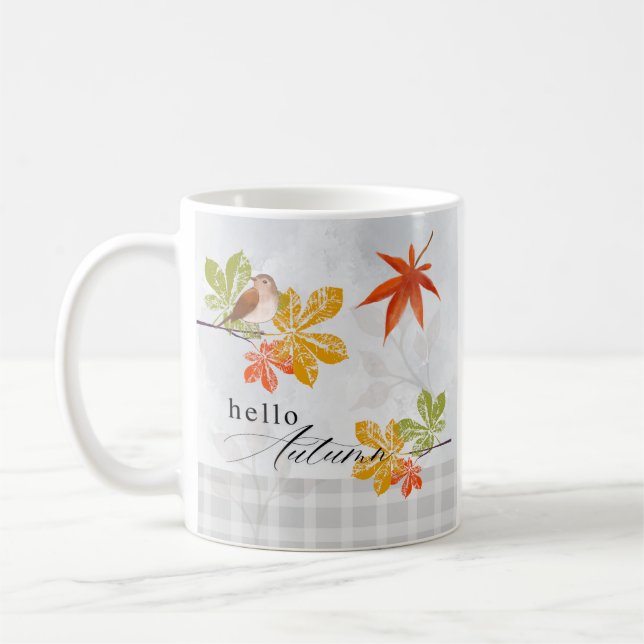 Taza De Café Hola otoño con hojas de aves y caídas (Izquierda)