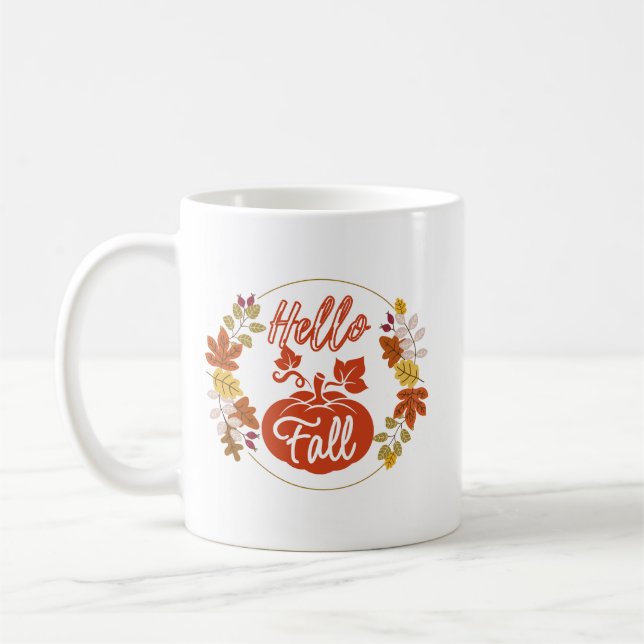 Taza De Café Hola otoño hojas otoño con calabaza café Mug (Izquierda)