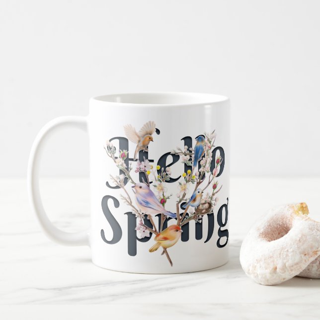 Taza De Café Hola Primavera Aves (Con donut)