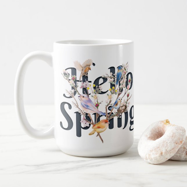 Taza De Café Hola Primavera Aves (Con donut)