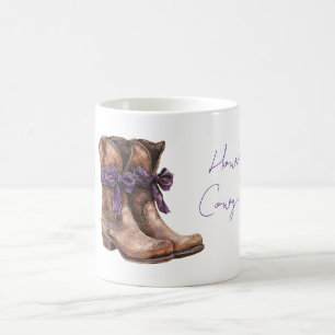 Taza De Café Hola Vaquera Botas Marrones Lazos Purpura
