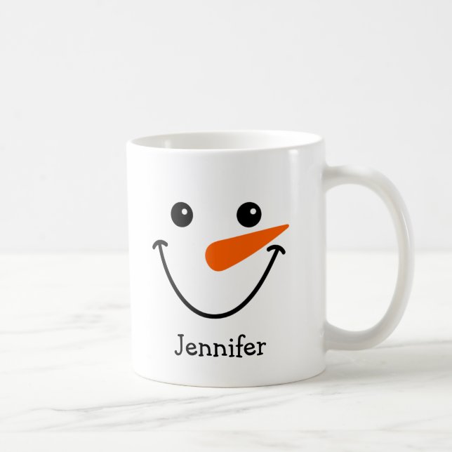 Taza De Café Holiday Happy Snowman Face Nombre personalizado (Derecha)