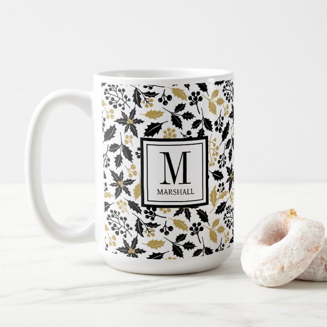 Taza De Café Holly Berries Black Gold Name Monogram Christmas (Con donut)