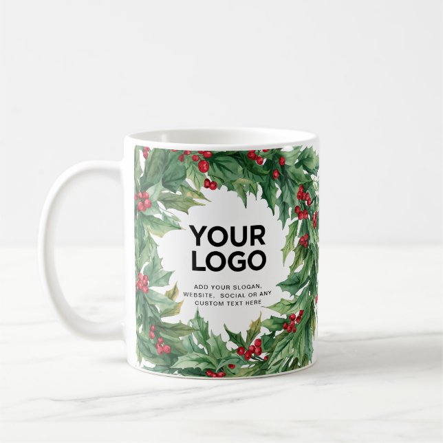 Taza De Café Holly Berry Christmas Business Logo Text (Izquierda)