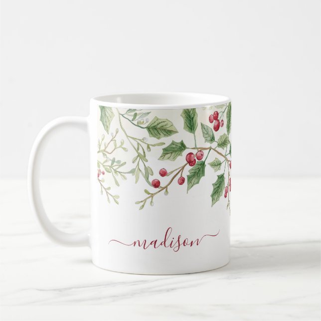Taza De Café Holly Berry Christmas Holiday | Custom Script Name (Izquierda)