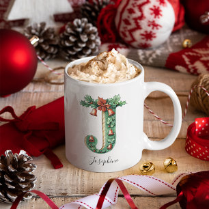 Taza De Café Holly de Navidad y Campanas Letra J Nombre Persona