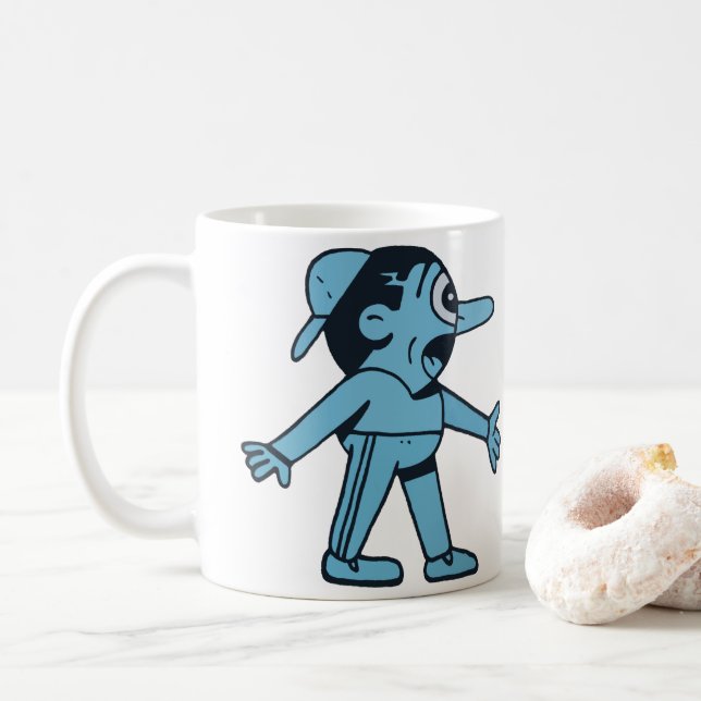Taza De Café Hombre Azul camina perro. (Con donut)