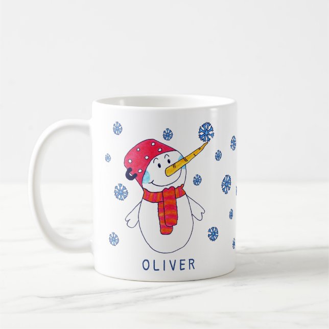 Taza De Café Hombre de nieve con niños dibujando copos de nieve (Izquierda)