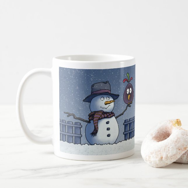 Taza De Café Hombre de nieve con pájaro (Con donut)