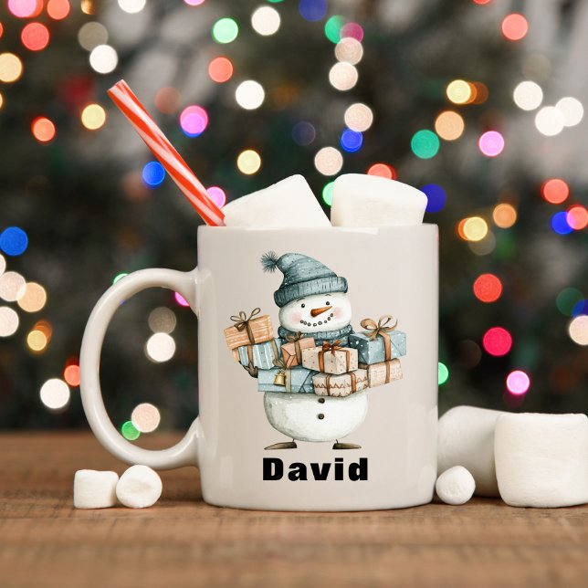 Taza De Café Hombre de nieve personalizado con regalos de Navid (Personalized Snowman Holding Christmas Presents Coffee Mug
)