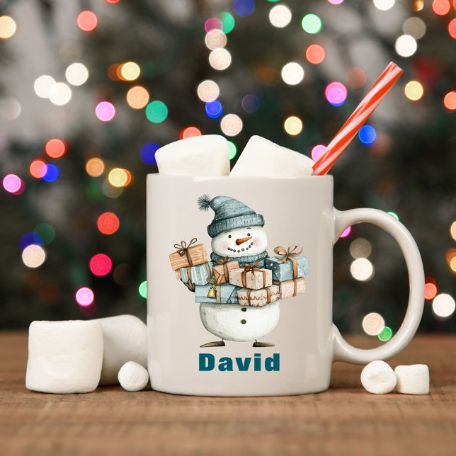 Taza De Café Hombre de nieve personalizado con regalos de Navid (Personalized Snowman Holding Christmas Presents Coffee Mug
)